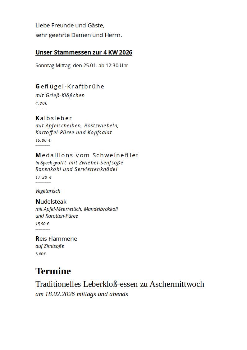 Unser Stammessen zur 04 KW 2026 in Hohmanns Restaurant Im Leiterich (Tenniscenter) 55585 Norheim