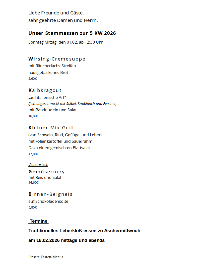 Unser Stammessen zur 05 KW 2026 in Hohmanns Restaurant Im Leiterich (Tenniscenter) 55585 Norheim